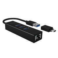 Ethernet-Adapter Gbit, RJ45, ICY BOX, USB-A (+ Typ-C Ad.) inkl. 3-Port Hub 